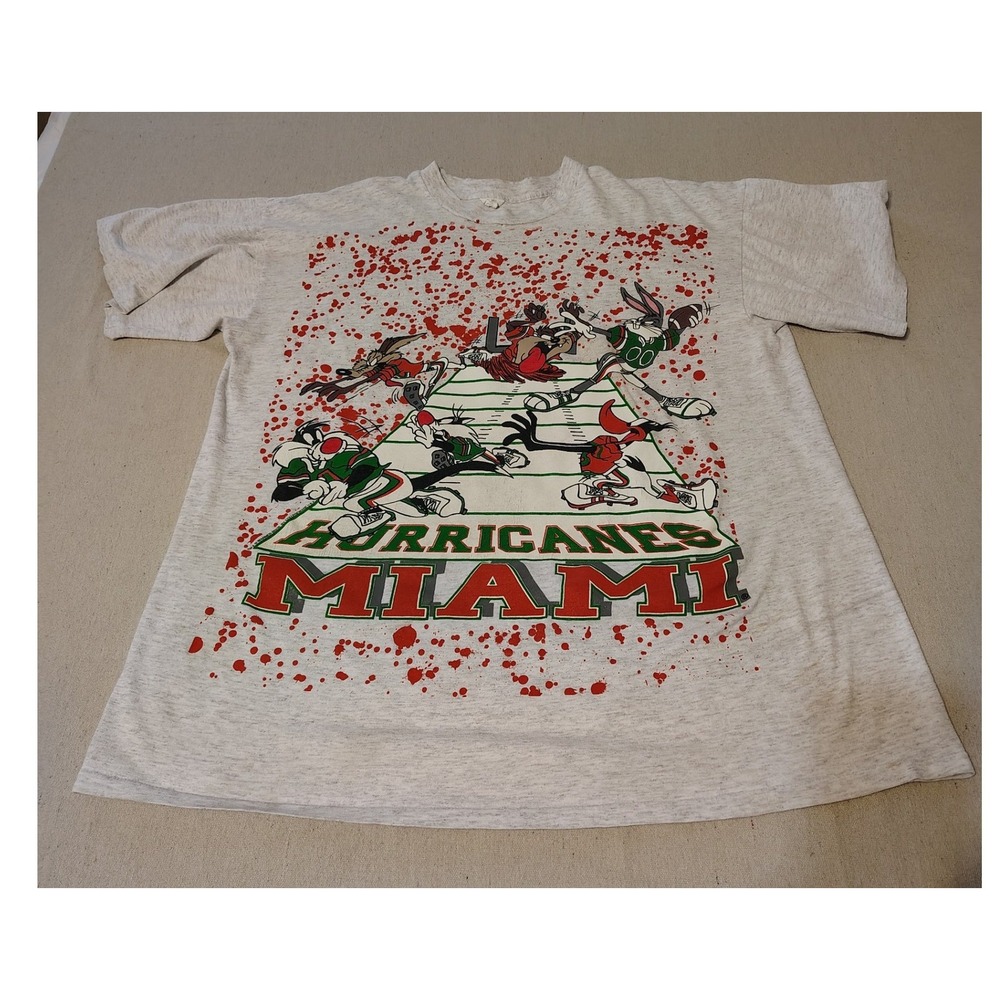 Vintage Miami Hurricanes Looney Tunes Shirt Men XL Grey 90s Football Splatter NN